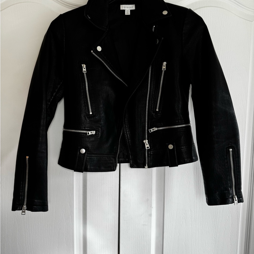 Topshop Black Leather Jacket with Metallic Details
